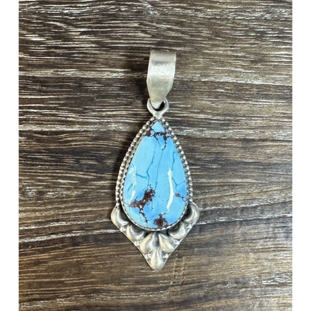Native Southwest Style Sterling Silver Golden Hills Turquoise Pear Shape Pendant